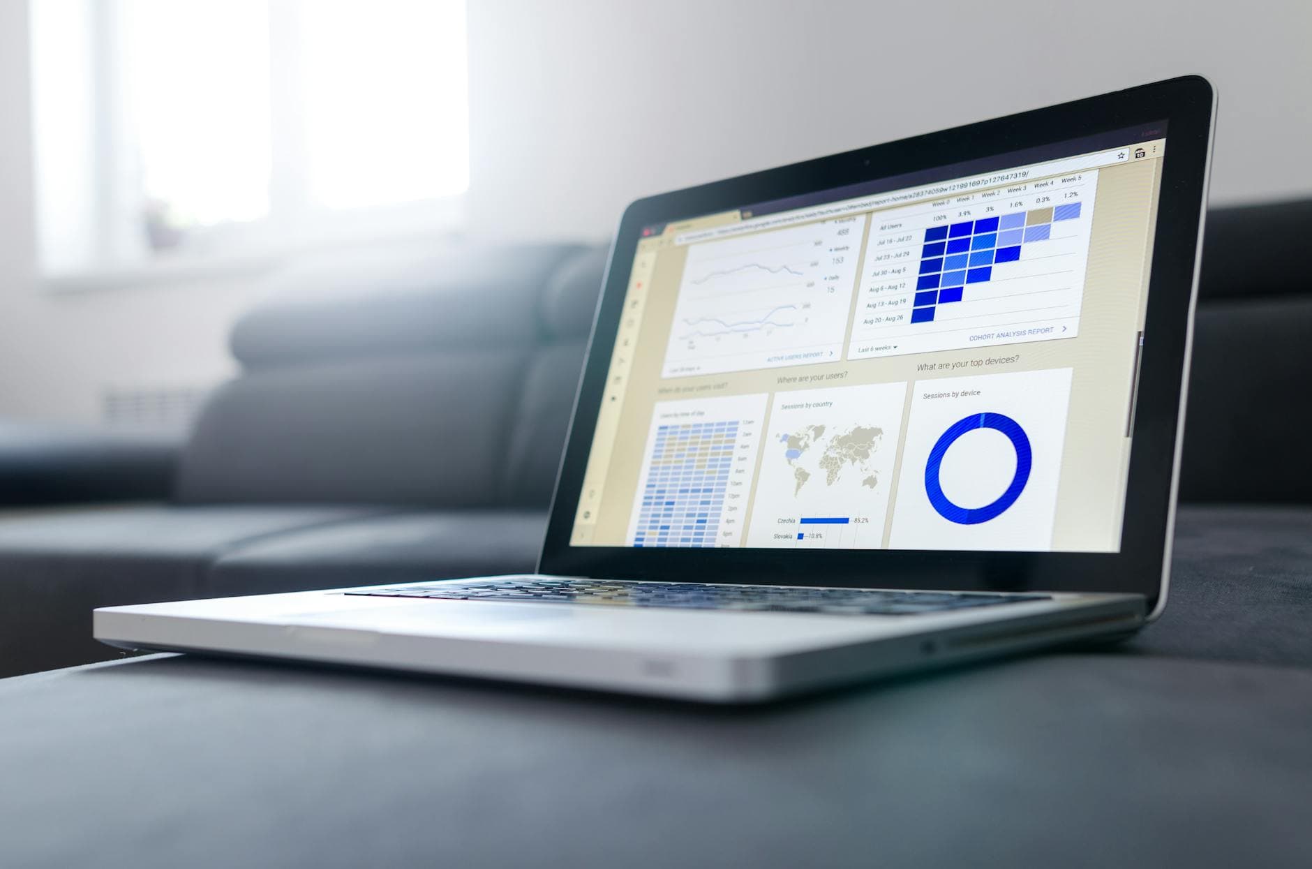 Laptop displaying data analytics and search performance graphs
