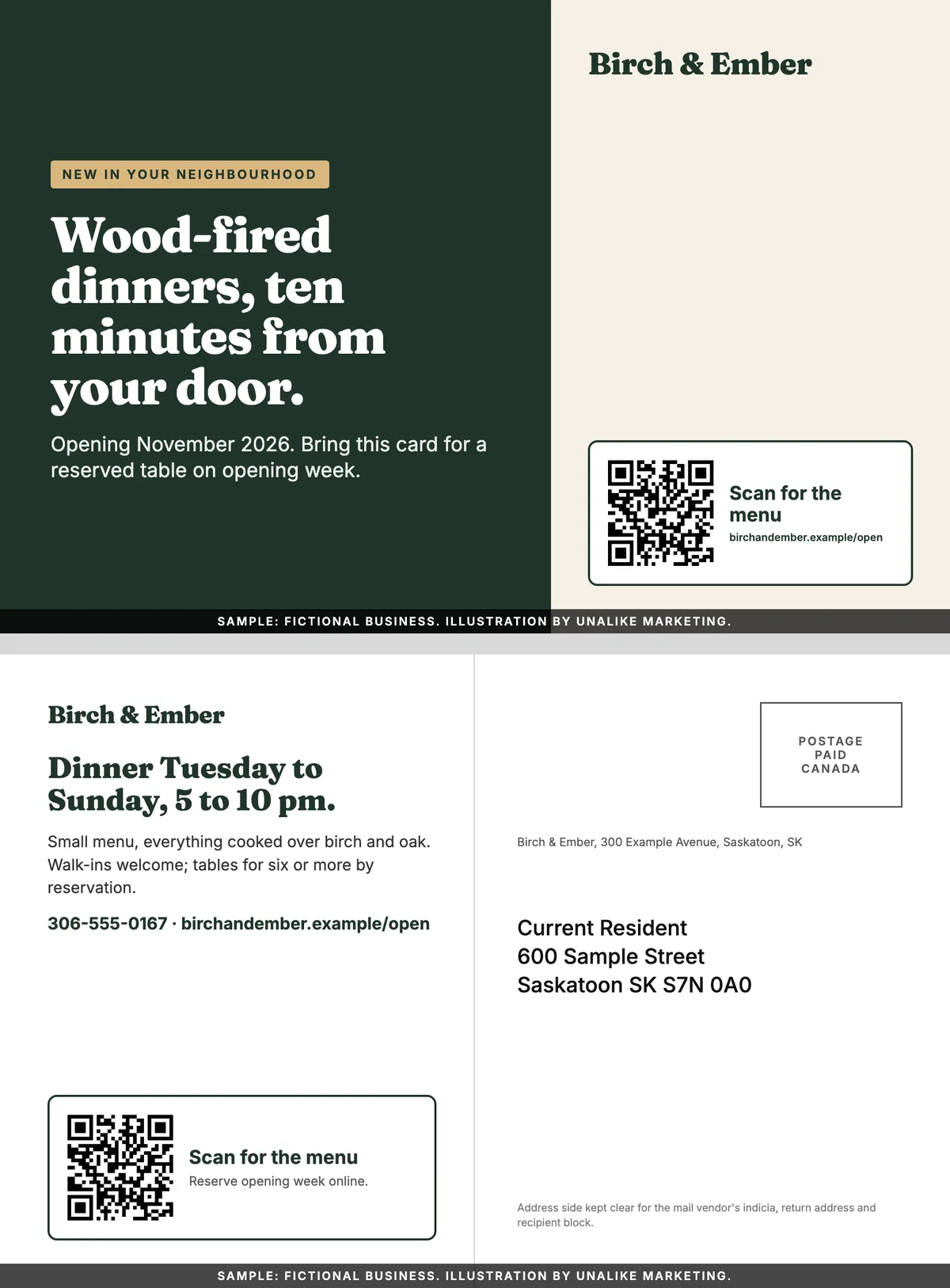 Illustrative postcard for a fictional restaurant opening a new location, addressed to Current Resident through Postal Code Targeting