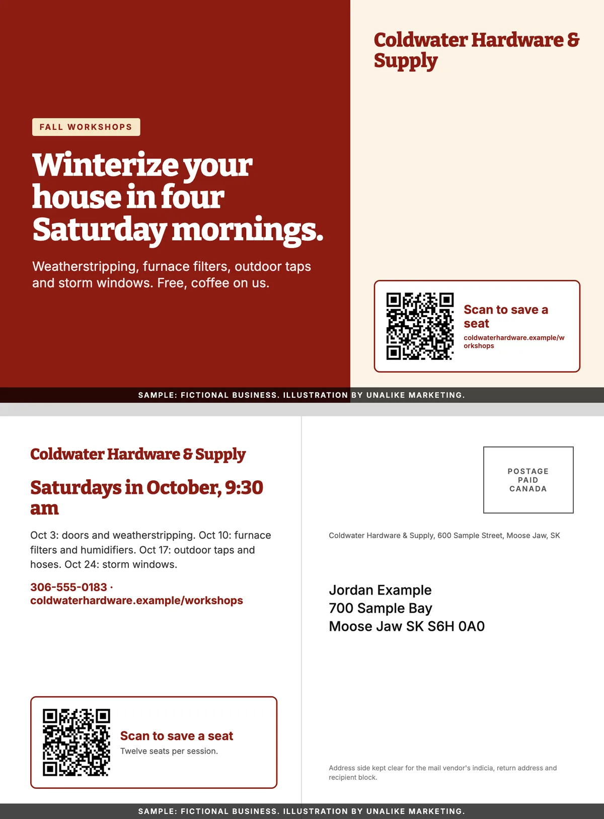 Illustrative postcard for a fictional hardware store listing four dated Saturday workshops