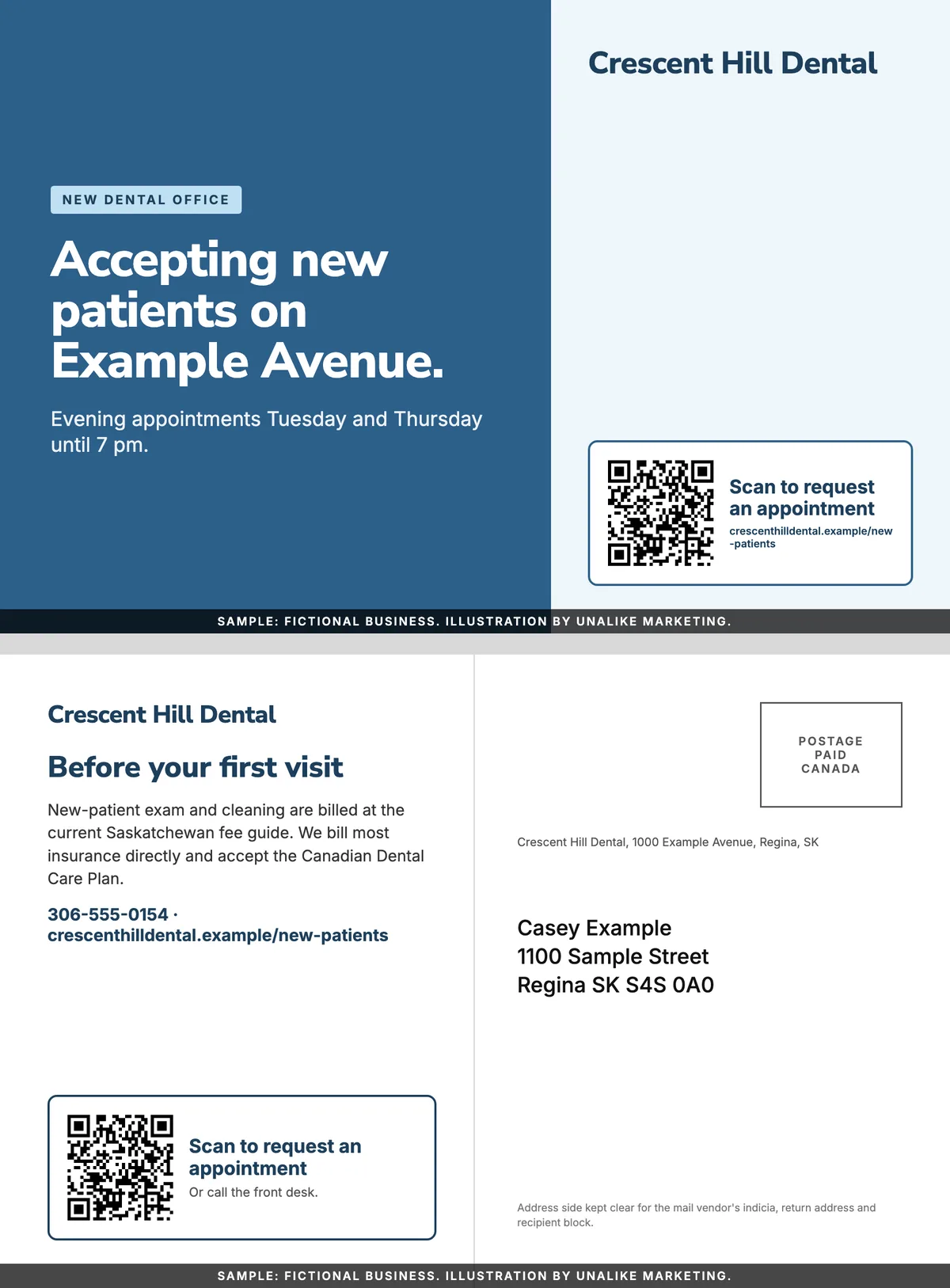 Illustrative new-patient postcard for a fictional dental office with hours, fee-guide billing and Canadian Dental Care Plan acceptance, and no free offer