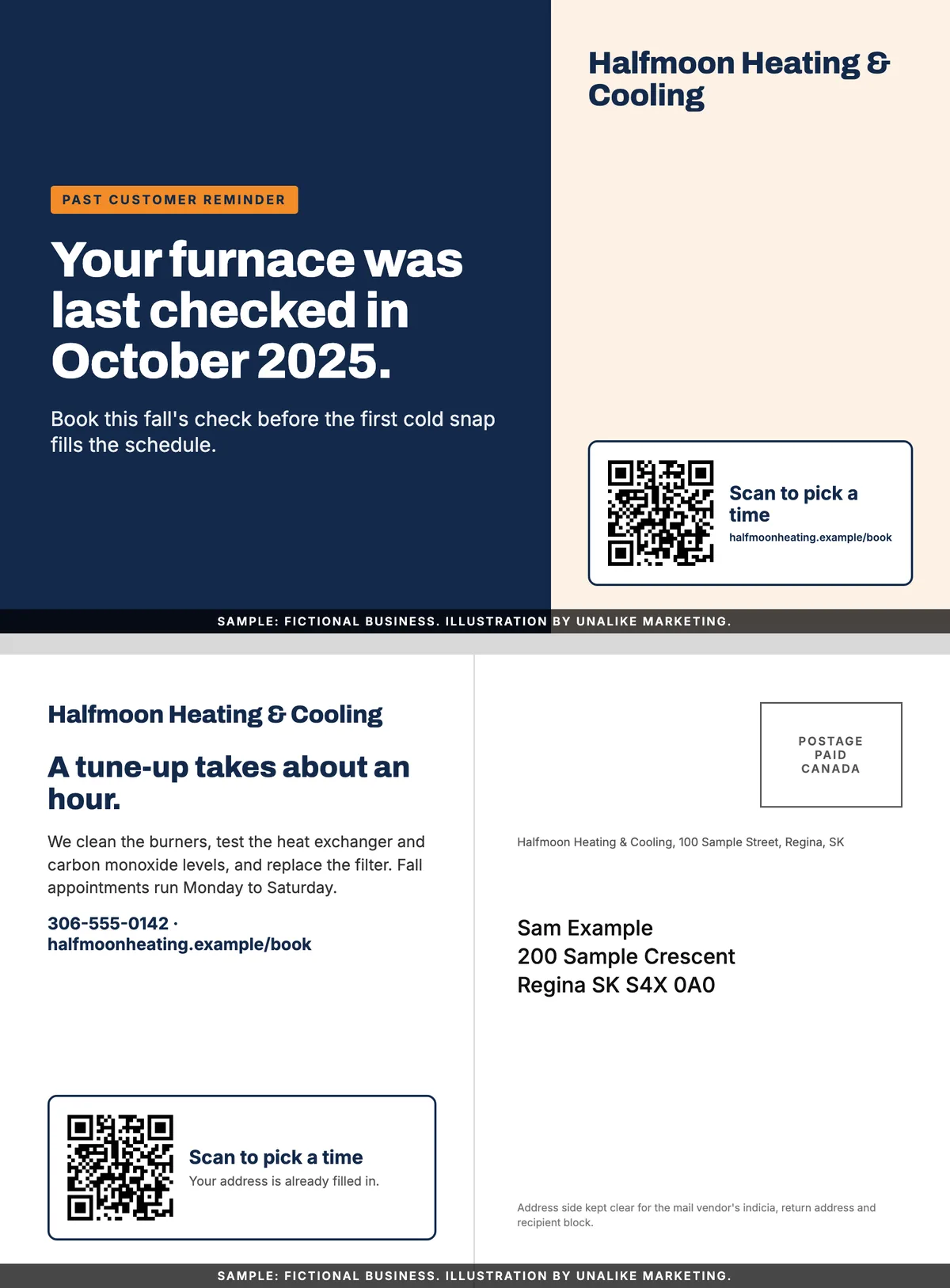 Illustrative postcard for a fictional heating company: front reads 'Your furnace was last checked in October 2025', back has a QR code to book and an address block