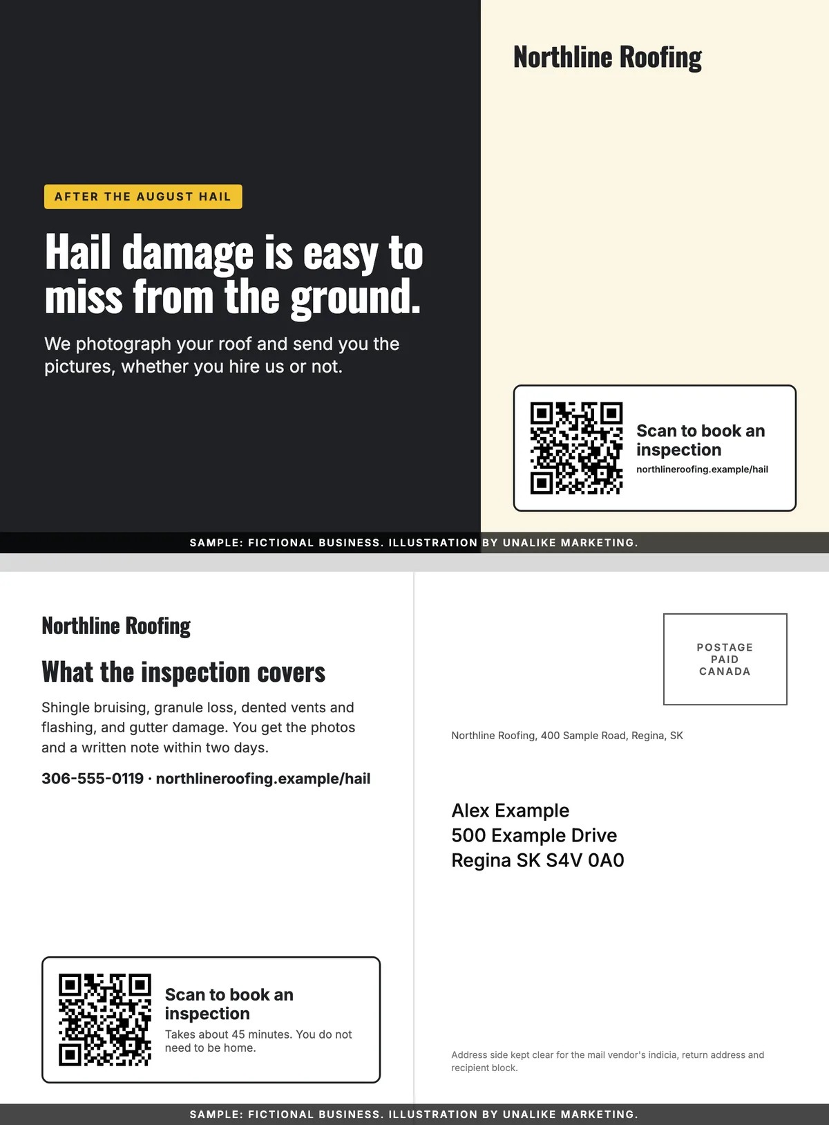 Illustrative addressed postcard for a fictional roofing company offering photographed hail inspections after a storm