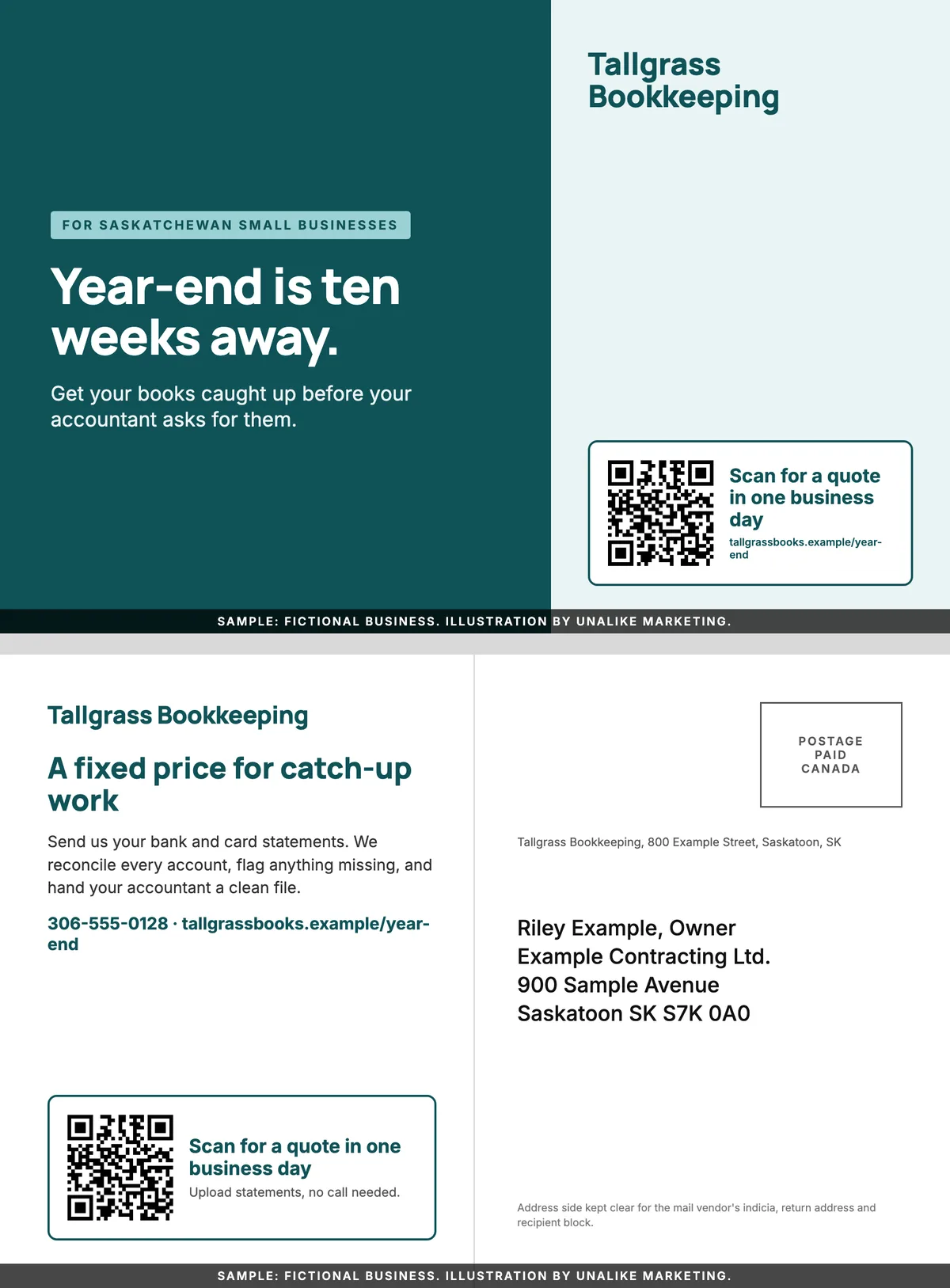 Illustrative postcard for a fictional bookkeeping firm addressed to the owner of a small business, offering a fixed-price year-end catch-up