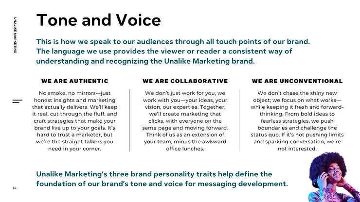 Unalike Marketing brand-guide tone and voice section