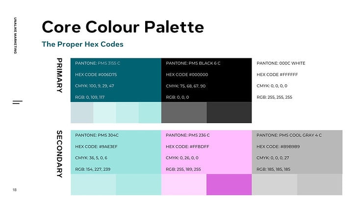Unalike Marketing brand-guide colour palette section