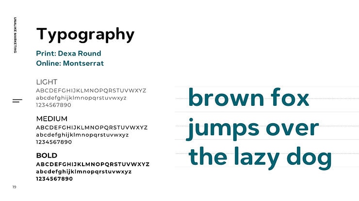 Unalike Marketing brand-guide typography section