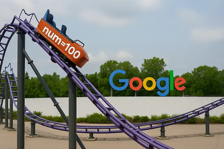 num=100 Google Search Console rollercoaster showing a drop in impressions