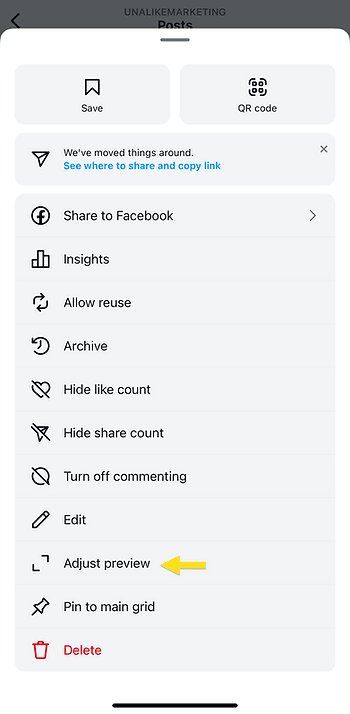 Instagram old grid Adjust Preview option