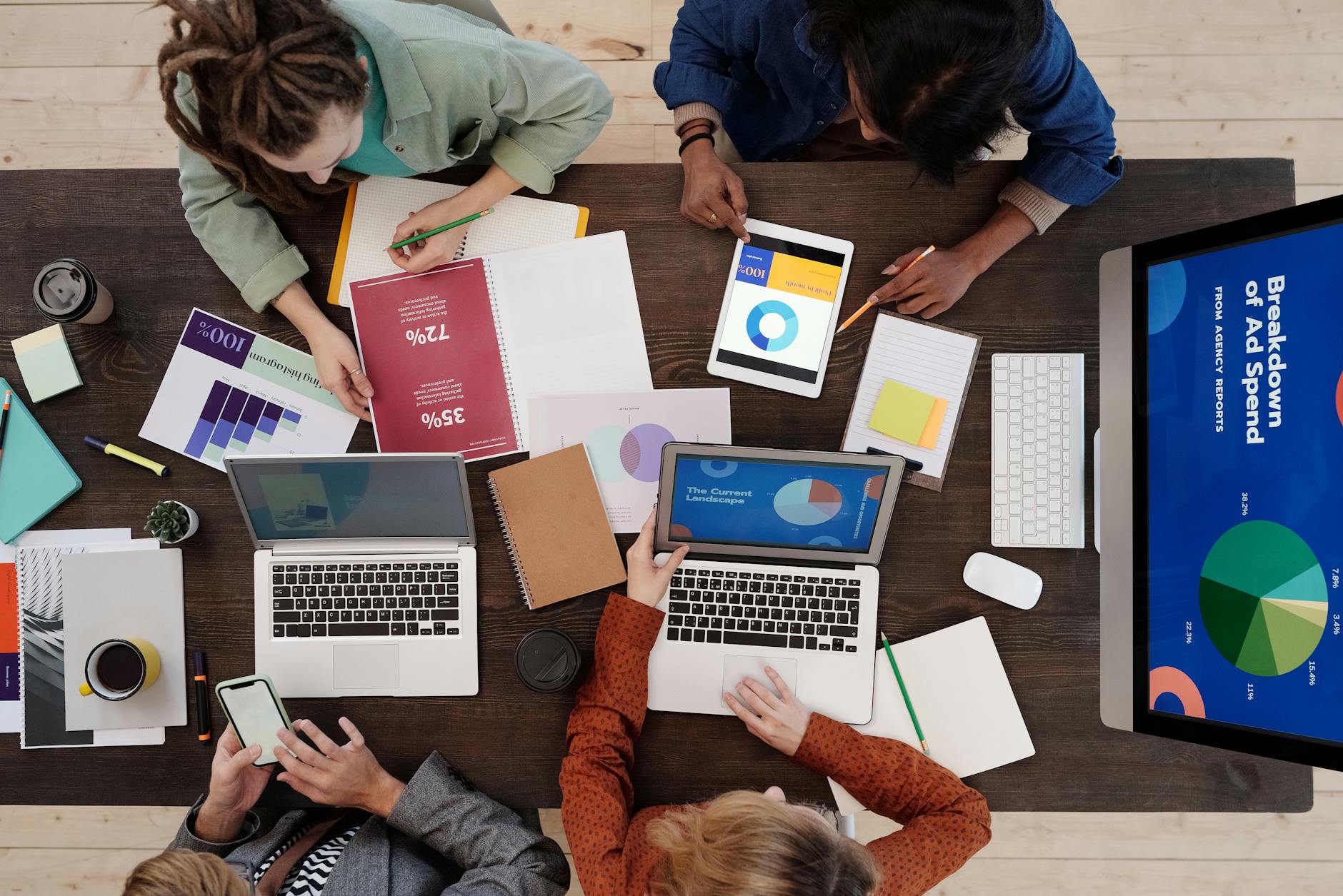 Marketing team reviewing campaign charts at a desk
