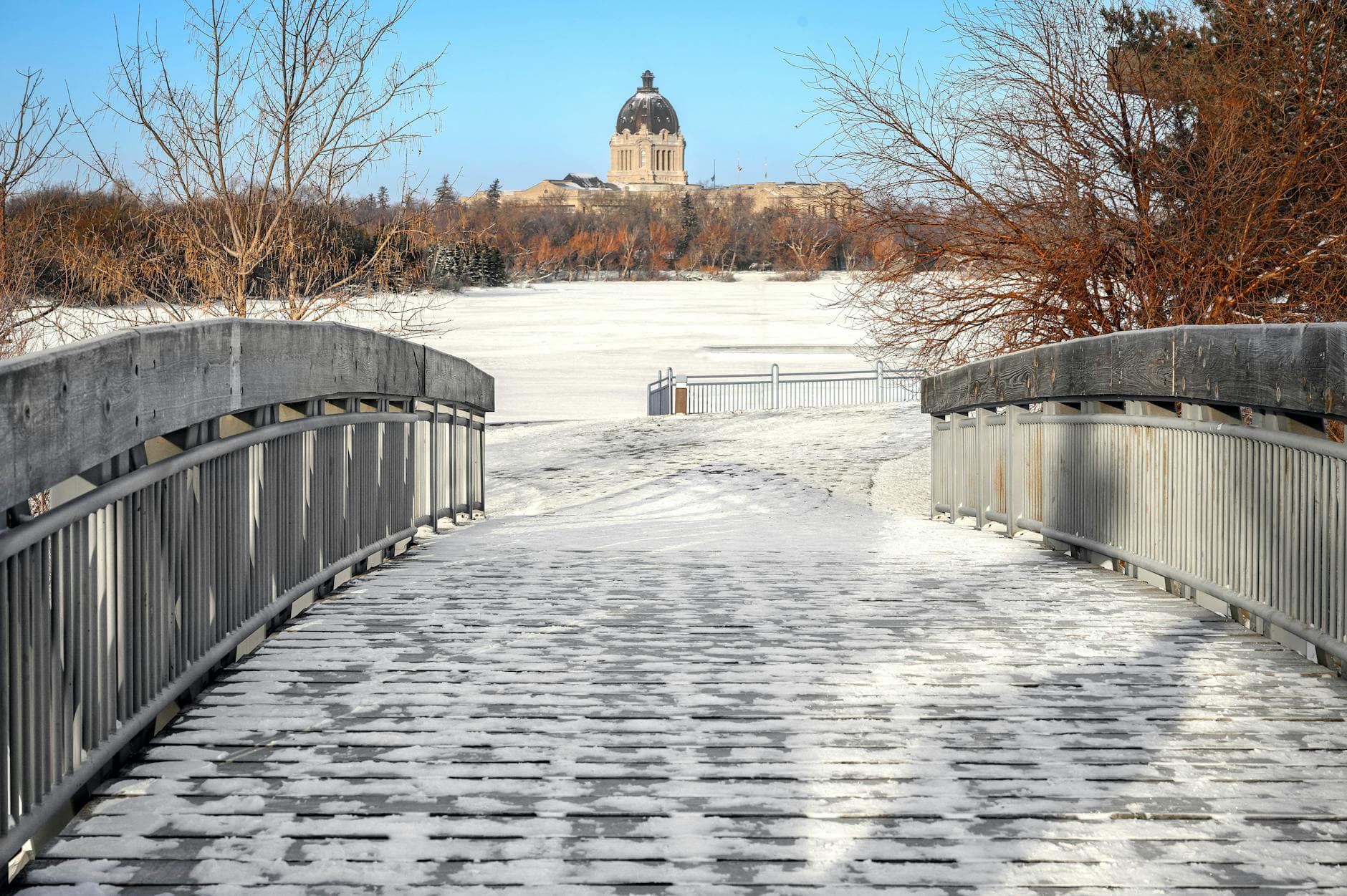 Snow-covered bridge leading to the Saskatchewan Legislative Building