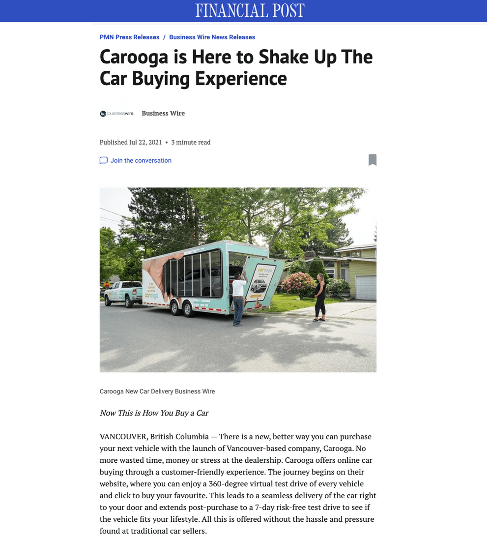 Financial Post article placement for Carooga
